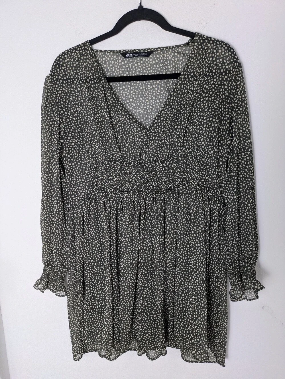 zara sheer sleeve dress Zara | Dresses | Zara Chiffon Sheer Long Sleeve Mini Dress Size M Khaki V  Neck Fit Flare Euc